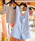 2015夏装新款韩版短袖条纹T恤背带短裤女连体衣裤套装热裤学生潮