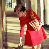 2016春款 修身显瘦复古优雅vintage赫本风红色连衣裙小红裙