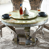 大理石台面 餐桌椅组合圆形 现代简约不锈钢餐台转盘桌子双层创意