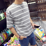 夏季新款男士韩版宽松条纹短袖T恤衫青少年学生圆领五分袖潮体恤