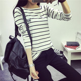 秋装新款韩版女装黑白条纹t恤女长袖大码修身棉打底衫女上衣学生