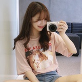 心动女孩!韩国女装代购2016夏款滑板女孩印花休闲中袖T恤特。