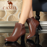 Camel骆驼女鞋 秋冬款靴子 真皮圆头拉链高跟短靴 时尚女靴
