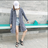 2016夏季新款韩版女原宿风bf复古宽松薄格子长袖衬衫中长款外套