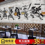 3D复古砖纹旧墙手绘古代武侠人物美食大型壁画饭店餐厅墙纸壁纸