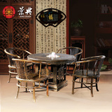 景典红木家具 鸡翅圆形茶桌 古典中式茶台多功能功夫茶几桌椅组合