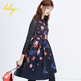 Lily2015冬正品代购115440C7621抽象花卉X型网纱长袖连衣裙