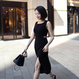 IS DALU原创定制2015女装新品夏季欧美中长款圆领镂空修身连衣裙