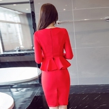 2016秋季新款女装 中长款修身显瘦包臀鱼尾裙礼服长袖红色连衣裙