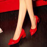 红色新娘鞋女结婚鞋舒适中跟孕妇鞋尖头单鞋女鞋粗跟小红鞋伴娘鞋