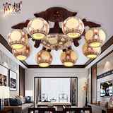 中式吸顶灯圆形陶瓷客厅卧室餐厅灯具木艺古典LED实木中式灯