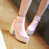 2015春秋韩版甜美马丁靴潮女短靴粗跟防水台高跟单靴学生白色女靴