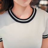 2015夏女装时尚薄款百搭短袖黑白条纹棉质短款毛衣t恤针织打底衫