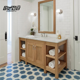 北欧美式橡木浴室柜 实木台下盆落地柜 卫生间洗手台盆柜大理石面