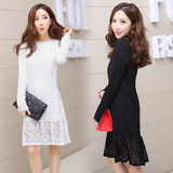新款韩版时尚性感蕾丝打底衫加绒加厚中长款修身蕾丝裙