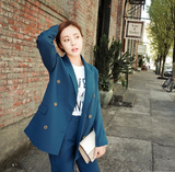 2015秋时尚潮休闲简约韩版双排扣两件套西服宽松西装套装女