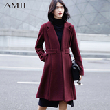 Amii极简女装优雅翻领穿插腰带毛呢外套女长款修身显瘦冬装呢大衣