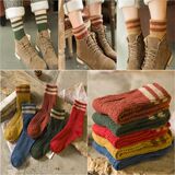 日系复古风文艺范粗毛线女长袜子加厚条纹翻边羊毛中筒堆堆袜冬季
