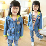 童装春季新款韩版女童牛仔中长儿童连帽宝宝风衣上衣学院开衫外套