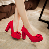 秋季新款红色结婚鞋甜美蝴蝶结新娘鞋粗跟超高跟女单鞋中式敬酒鞋