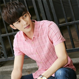 夏季短袖棉麻衬衫男士青少年修身韩版英伦男装薄款休闲格子衬衣潮