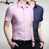 2016夏装休闲男式短袖衬衫修身韩版学生英伦粉色潮半袖衬衣寸上班