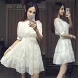 夏季天明星同款韩版修身学生复古雪纺裙子中长款白色连衣裙公主裙