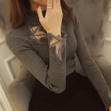 2015冬装新款韩版女装半高领蕾丝拼接镶钻打底针织衫修身毛衣厚