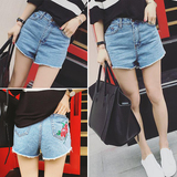 韩版夏季女装新款高腰牛仔短裤个性花朵刺绣超显瘦牛仔裤子热裤潮