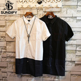 sundipy夏季男士休闲短袖衬衫韩版修身拼色中长款衬衣潮青年男装