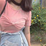 韩国ulzzang气质小清新修身短裤坑条针织翻领短袖T恤女半袖上衣潮