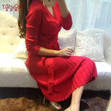 2016春装新款女装韩版名媛长袖v领针织红色裙子毛衫连衣裙 中长款