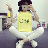 夏季潮流韩版修身短袖学生T恤眨睫毛大眼睛图案印花条纹上衣女装