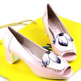 2015夏季新款韩版优雅粉色白色印花真皮鱼嘴鞋粗跟中跟单鞋女鞋子