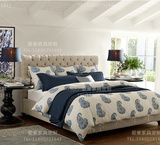 新款美式布艺床简欧卧室双人床欧式实木复古软包拉扣皮艺麻布床
