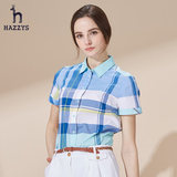 Hazzys哈吉斯夏季新品英伦风短袖衬衫 修身纯棉舒适格子衬衣女装