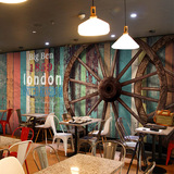 3D复古木纹车轮大型壁画怀旧奶茶咖啡服装店餐厅墙纸砖纹壁纸