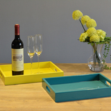 欧式现代简约蓝色黄色木质长方形装饰托盘茶盘客厅样板房软装摆件