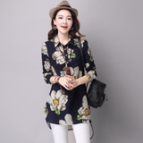 印花棉麻衬衫女长袖2016秋季新款修身女式大码翻领中长款韩版衬衣