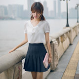 短袖衬衫女夏装 韩版修身可爱甜美V领灯笼袖蝴蝶结系带蕾丝打底衫
