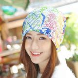 春秋冬款韩国彩色涂鸦女士薄款三用堆堆套头帽薄款月子帽化疗帽子