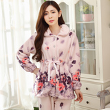 韩版冬季保暖水墨画睡衣套装性感纽扣淑女士法兰绒家居服套装