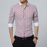外贸原单秋季男装新款 男士时尚韩版竖条纹休闲修身长袖衬衫 衬衣