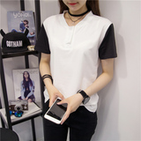 T恤女夏新款韩版纯色黑白拼接宽松半袖体恤学生闺蜜装短袖上衣服