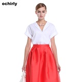 Ochirly欧时力新女装简约纯色V领翻领宽松含棉短袖衬衫1152011700