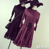 warmo2016春韩国代购韩版修身复古宫廷气质长袖蕾丝雪纺连衣裙 新