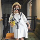 韩国ulzzang夏季女装蝴蝶结宽松中长款短袖T恤连衣裙学生中袖上衣