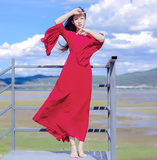 红色喇叭袖百褶系带复古高腰修腰连衣裙长裙度假