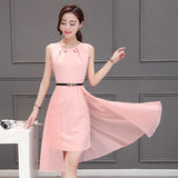 2016夏季韩版女装时尚修身长裙新款不规则中长款气质雪纺连衣裙潮