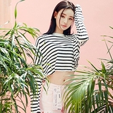 韩国代购CHUU女装2016新款韩版横条纹休闲露脐亚麻长袖T恤潮